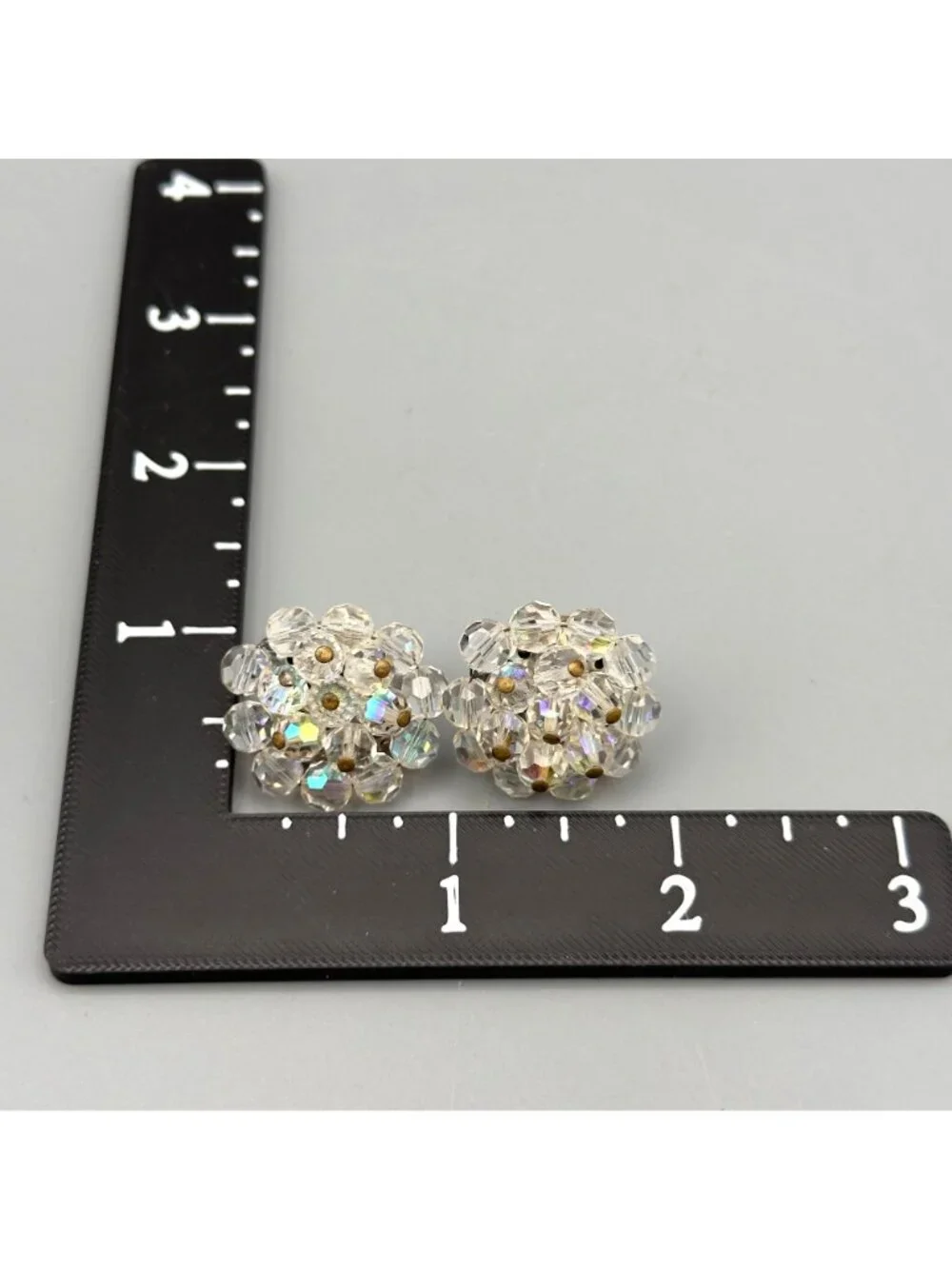 Vintage Aurora Borealis Crystal Bead Cluster Flower Clip-On Earrings